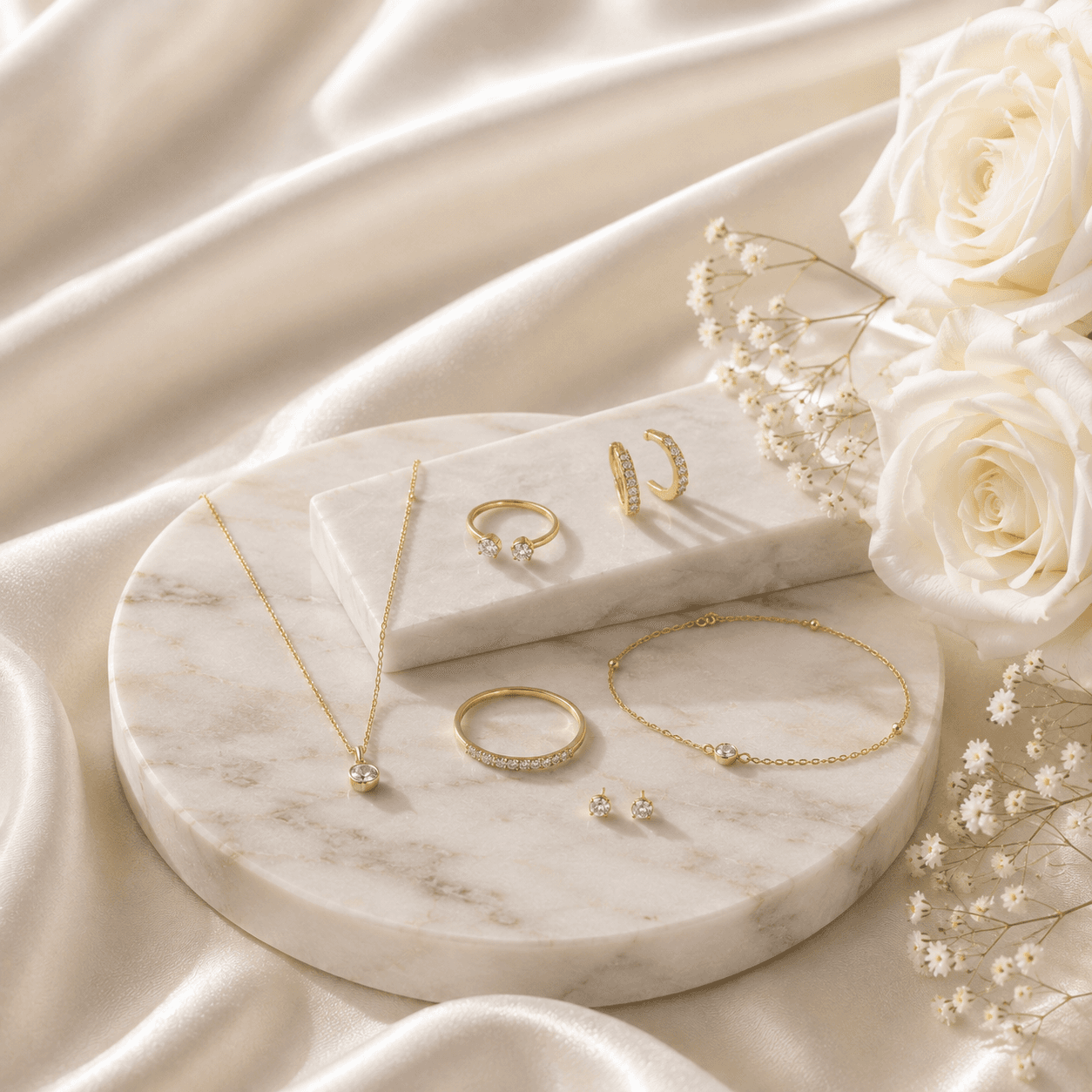 Champagne gold necklace, rings, earrings, and bracelet arranged on marble